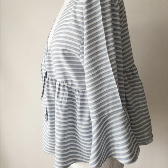 Blue and White Striped Tie Front Plunge V-Check Peplum Top Size 12 - Picture 2 of 4